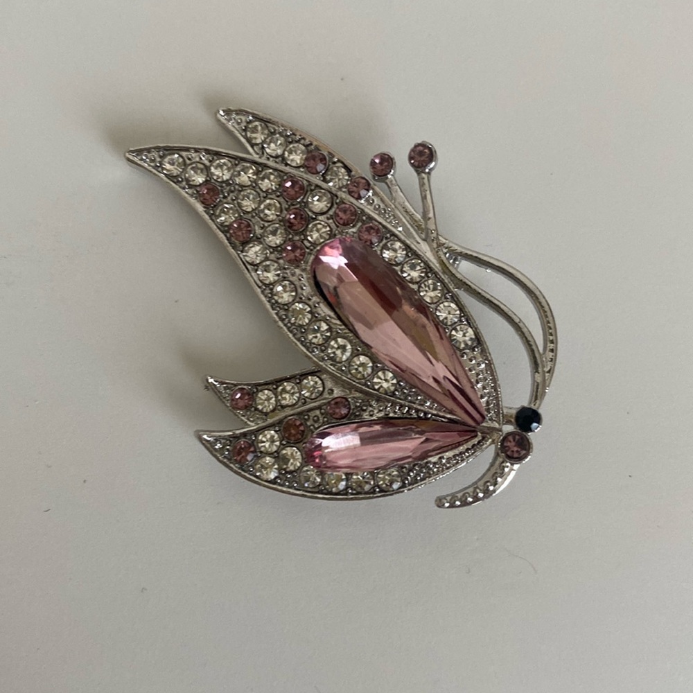 Elegant Pink Butterfly Brooch with Crystals Feminine Art to Wear Free Spirit
